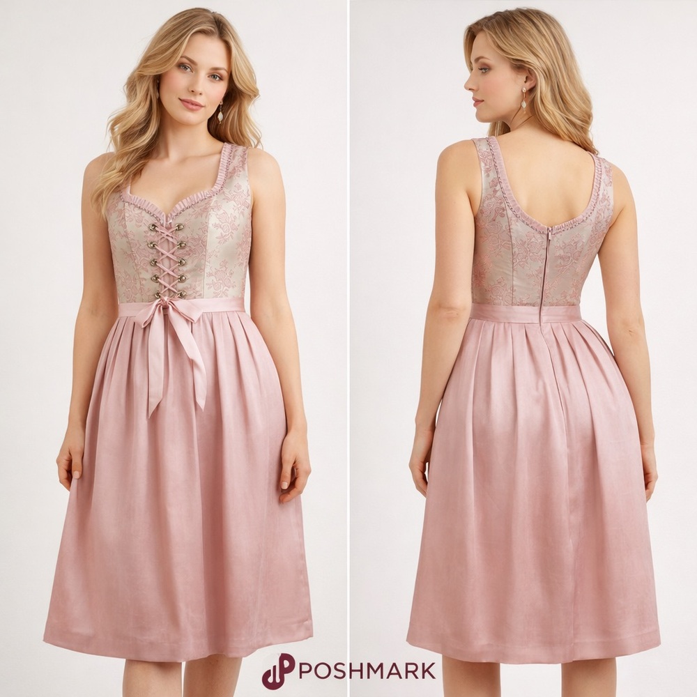 Vintage Alte Liebe Brocade Trachten Dirndl Pink Pocket Oktoberfest Dress,Size 40